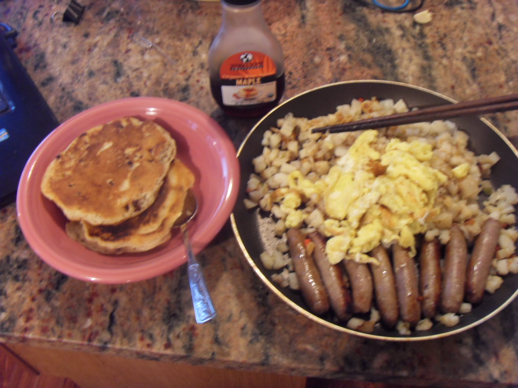 Sausage,scramble eggs, patato