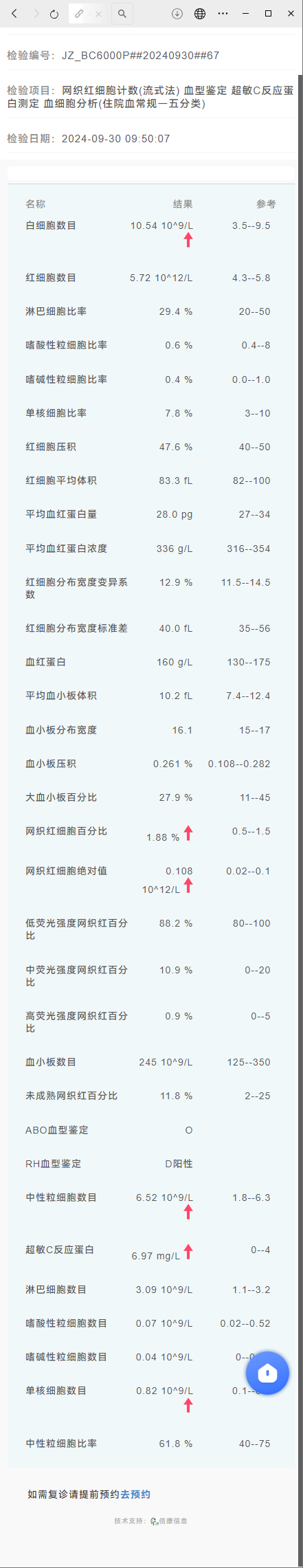 网织红细胞计数(流式法) 血型鉴定 超敏C反应蛋白测定 血细胞分析(住院血常规－五分类).png